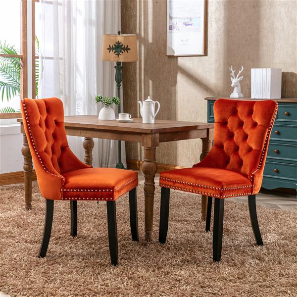 Modern, High-end Tufted Solid Wood Contemporary Velvet Upholstered Dining Chair with Wood Legs Nailhead Trim 2-Pcs Set, Orange