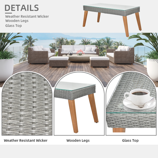 4 Piece Outdoor Patio Furniture Set, Resin Rattan and Acacia Wood Chairs Conversation Furniture Set for Backyard Balcony Deck with Soft Cushions and Table, Grey