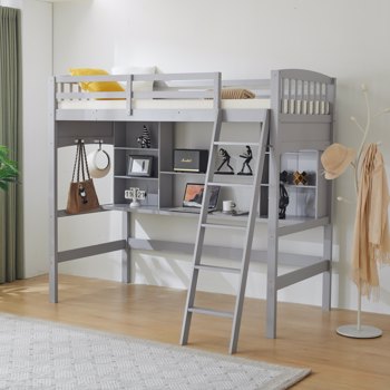 Loft bed with shelf with desk inclined ladder gray twin wooden bed pine particle board