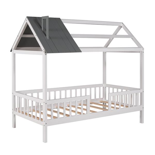 Twin Size Wood House Bed with Fence, White+Gray