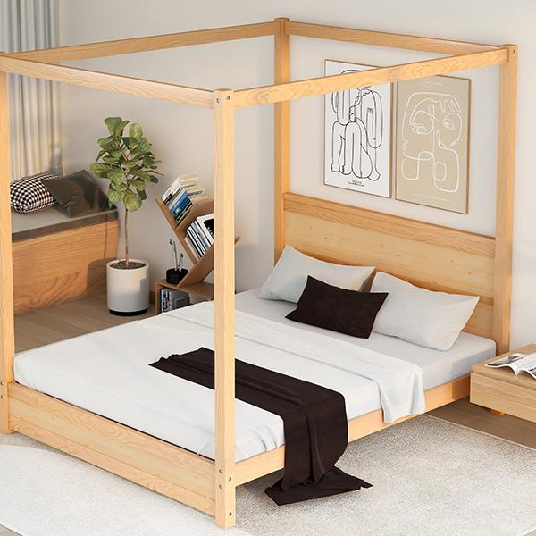 Queen Size Canopy Platform Bed with Headboard and Support Legs,Natural