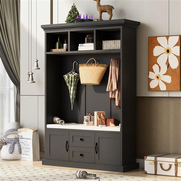 Hall Tree with 3 Hooks , Coat Hanger, Entryway Bench, Storage Bench, 3-in-1 Design, 47.2INCH, for Entrance, Hallway (Black)