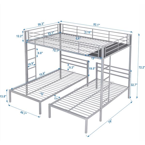 Full over Twin&Twin Size Bunk Bed with Built-in Shelf, Silver