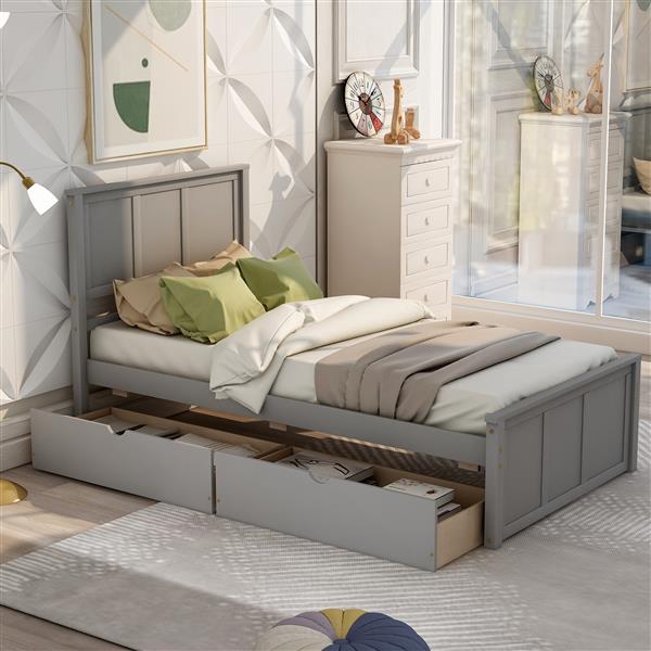 Platform Storage Bed, 2 drawers with wheels, Twin Size Frame, Gray