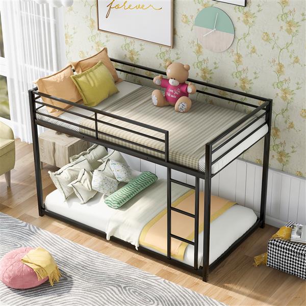 Twin over Twin Metal Bunk Bed, Low Bunk Bed with Ladder, Black