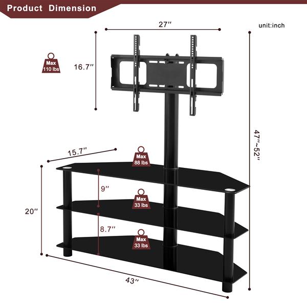 Black Multi-function TV Stand Height Adjustable Bracket Swivel 3-Tier