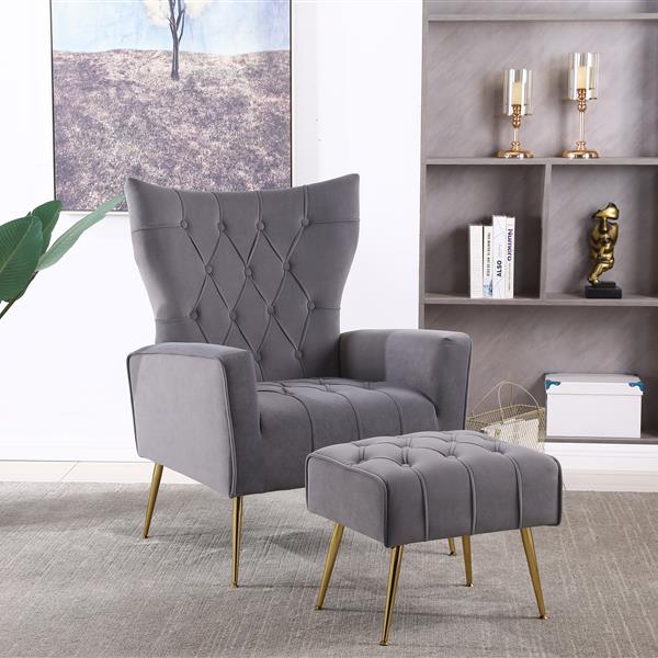 Modern Accent Chair with Ottoman,  Comfy  Armchair for Living Room, Bedroom, Apartment, Office (Grey)