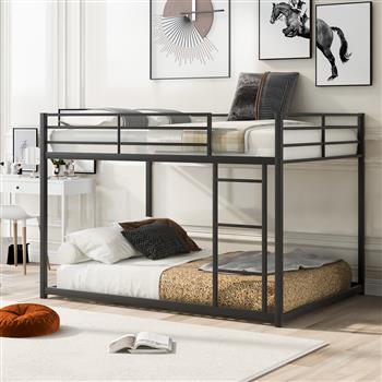 Full over Full Metal Bunk Bed, Low Bunk Bed with Ladder, Black