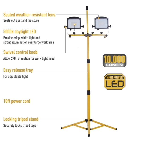 Versatile Work Light 10,000 Lumen Dual Head LED Work Lights with Stand,Telescoping Adjustable Tripod Stand