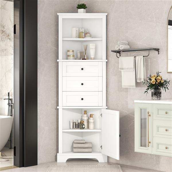 White Triangle Tall Cabinet with 3 Drawers and Adjustable Shelves for Bathroom, Kitchen or Living Room, MDF Board with Painted Finish