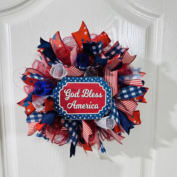 July 4th Wreath Patriotic American Wreath God Bless America, Red White Blue Flower Front Door Wreath, Memorial Day Independence Day, 2Pcs 