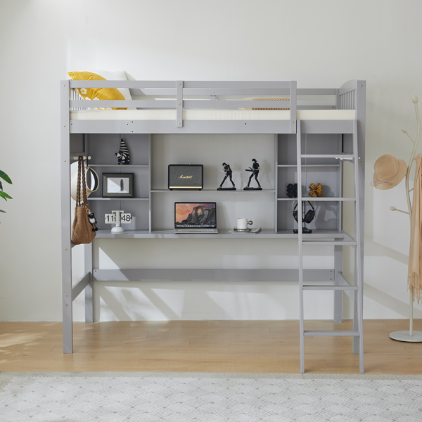 Loft bed with shelf with desk inclined ladder gray twin wooden bed pine particle board