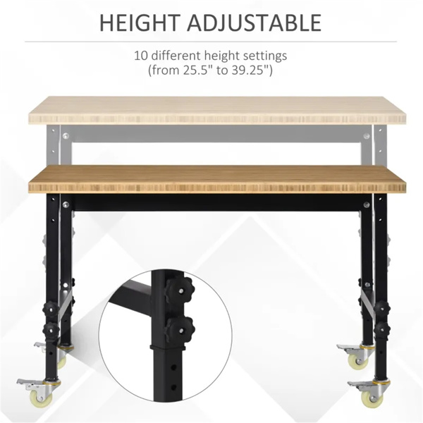 47" Garage Work Bench with Wheels, Height Adjustable Legs, Bamboo Tabletop Workstation Tool Table