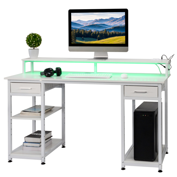 White wood grain particle board with non-woven fabric drawer 140*50*86cm multi-layer shelf computer desk with 2 USB power sockets and 2 power interface