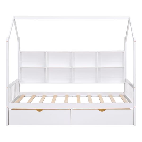 Wooden Twin Size House Bed with 2 Drawers,Kids Bed with Storage Shelf, White