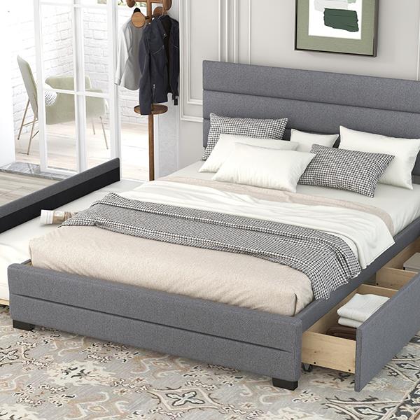 Queen Upholstered Platform Bed with Twin Size Trundle and Two Drawers,Grey