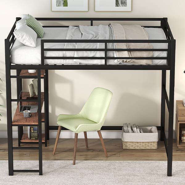 Full Size Metal Loft Bed with Built-in Desk and Storage Shelves, Black