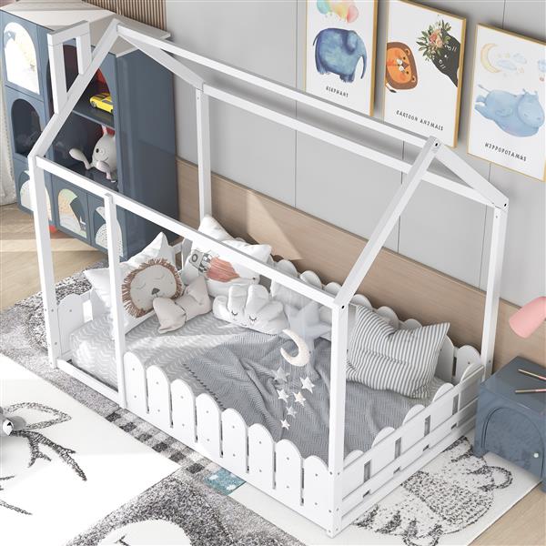 {Slats are not included}Twin Size Wood Bed House Bed Frame with Fence,for Kids,Teens, Girls,Boys {White