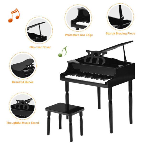 Black Kids Piano 30-Key Wood Toy Kids Grand Piano with Bench and Music Rack