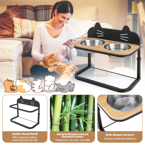 Pet Feeder with 2 Stainless Steel Bowls，Adjustable Height for Cats and Small and Medium Dogs