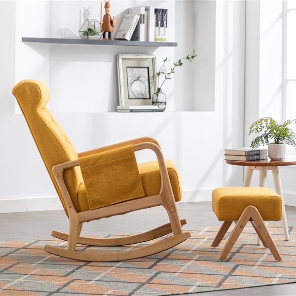 Rocking Chair With Ottoman, Mid-Century Modern Upholstered Fabric Rocking Armchair, Rocking Chair Nursery with Thick Padded Cushion, High Backrest Accent Glider Rocker Chair for Living Room