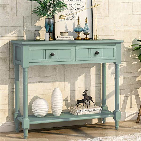 Series Console Table Traditional Design with Two Drawers and Bottom Shelf Acacia Mangium (Retro blue)