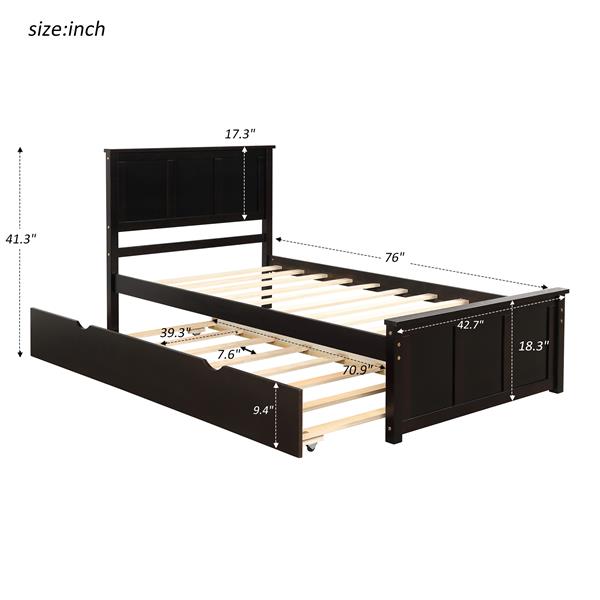 Platform Bed with Twin Size Trundle, Twin Size Frame, Espresso