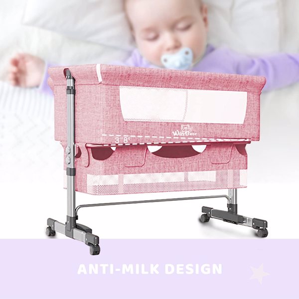 Baby Bassinet Bedside Sleeper 3 in 1 Bedside Crib, Adjustable Portable Bed for Infant/Baby/New born, with Mosquito Nets, Large Storage Bag, Comfortable Mattresses, Lockable Wheels, Pink