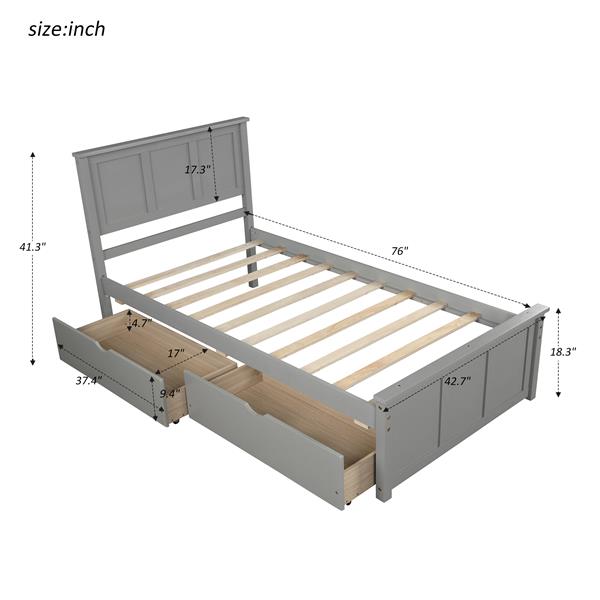 Platform Storage Bed, 2 drawers with wheels, Twin Size Frame, Gray