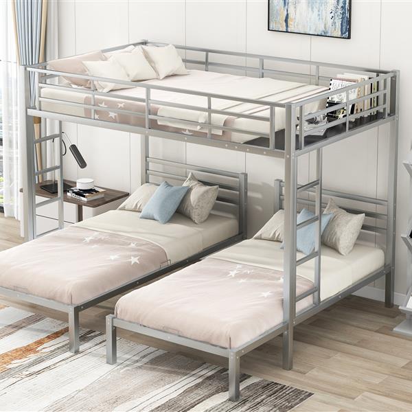 Full over Twin&Twin Size Bunk Bed with Built-in Shelf, Silver