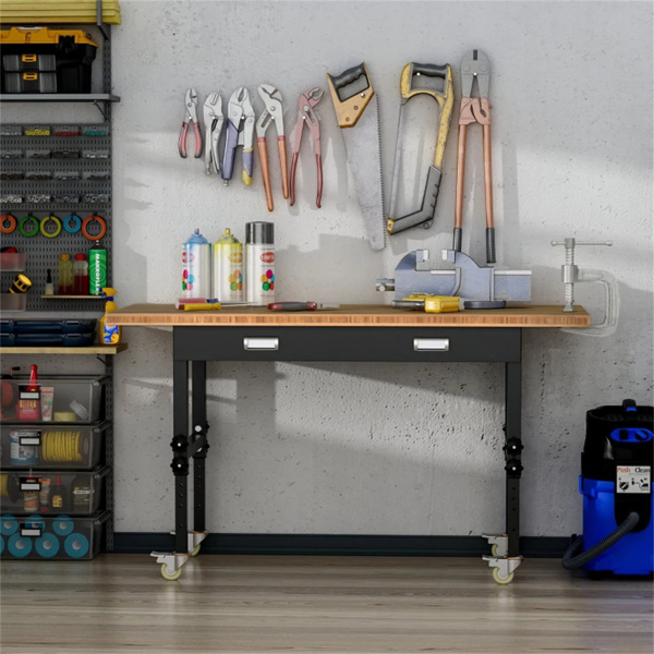   59" Garage Work Bench with Drawer and Wheels, Height Adjustable Legs, Bamboo Tabletop Workstation Tool Table 