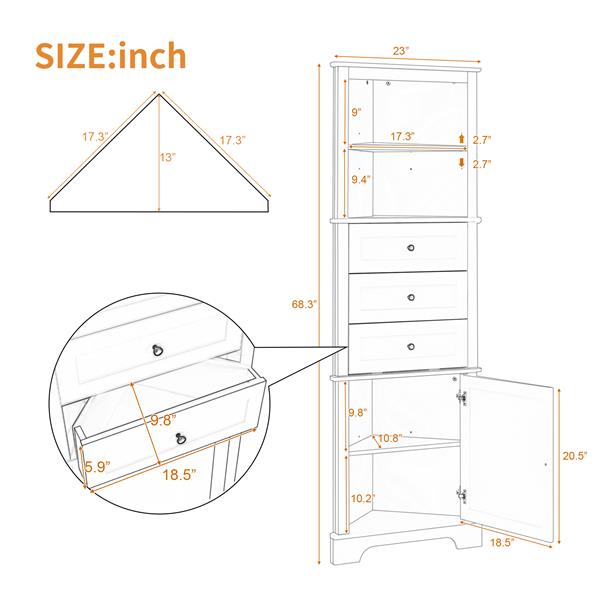 White Triangle Tall Cabinet with 3 Drawers and Adjustable Shelves for Bathroom, Kitchen or Living Room, MDF Board with Painted Finish