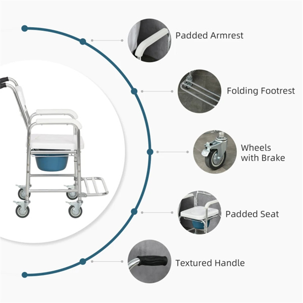 Shower Commode Wheelchair,  Waterproof Rolling Over Toilet Chair with Padded Seat