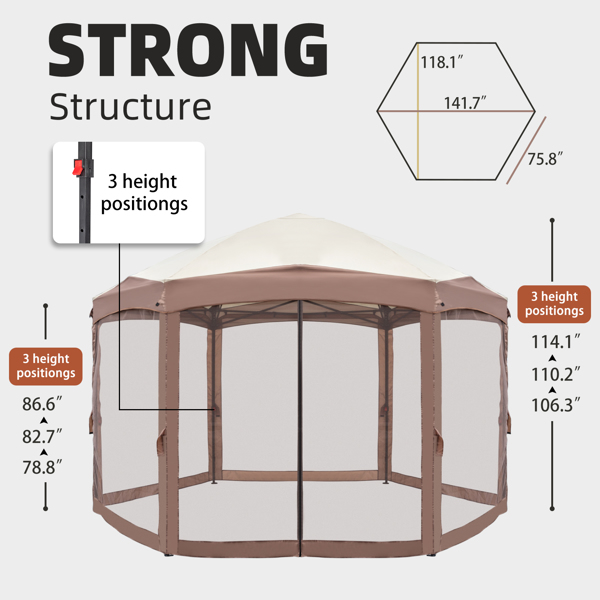 3*3.6m Khaki Top Fabric, Dark Brown Edge, White Bracket, Hexagonal Arc Top Folding Shed, 6 Veils And Net Cloth, With Black Bag, Folding Shed