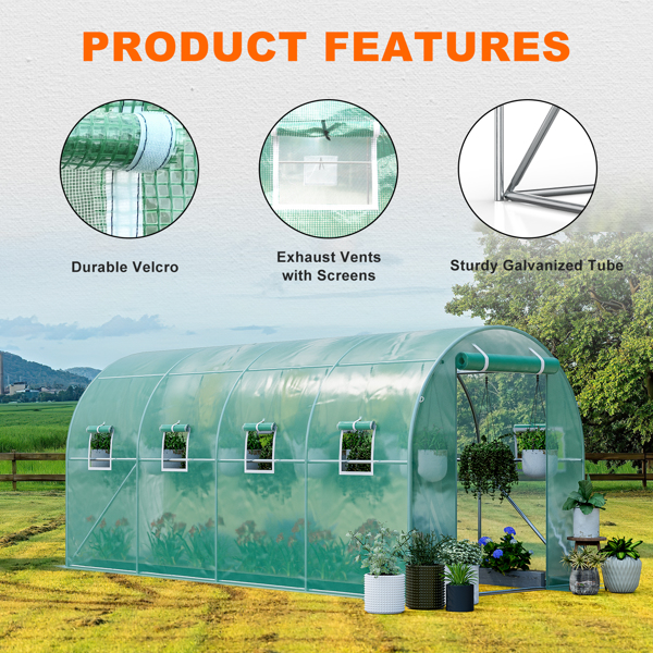 15x7x7FT Greenhouses for Outdoor Heavy Duty Hot House for Garden Plant Large Walk-in Greenhouse Tunnel Upgraded PE Cover w/ Galvanized Steel Frame 8 Screen Windows