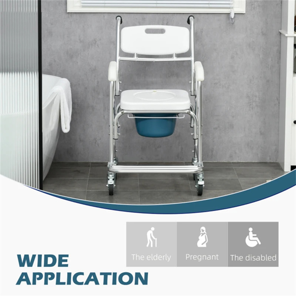 Shower Commode Wheelchair,  Waterproof Rolling Over Toilet Chair with Padded Seat