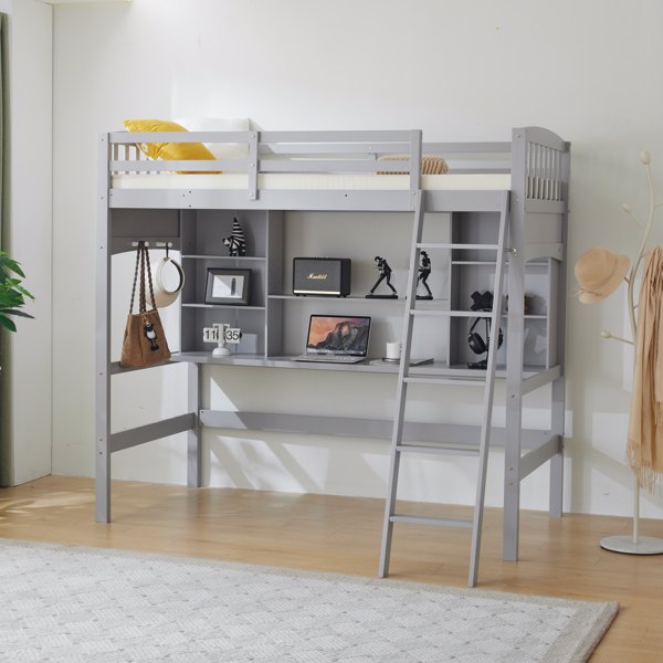 Loft bed with shelf with desk inclined ladder gray twin wooden bed pine particle board