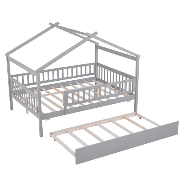 Full Size Wooden House Bed with Twin Size Trundle, Gray