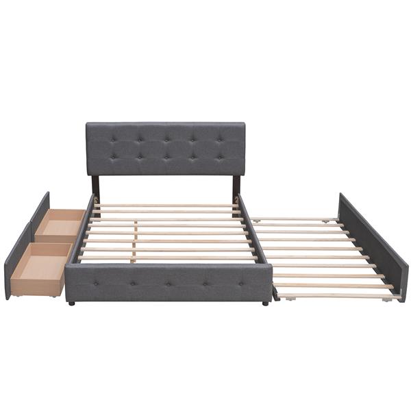 Upholstered Platform Bed with 2 Drawers and 1 Twin XL Trundle,  Linen Fabric, Queen Size - Dark Gray