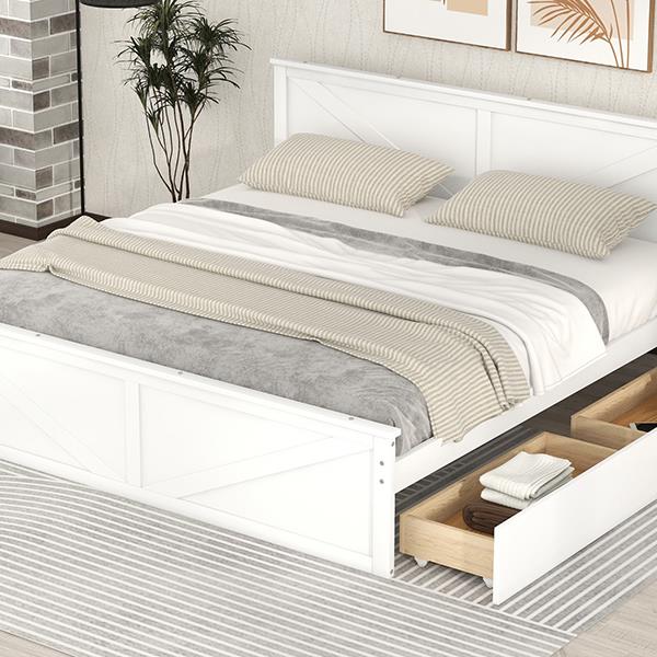 King Size Wooden Platform Bed with Four Storage Drawers and Support Legs, White