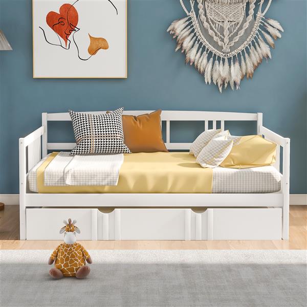 Full Size Daybed Wood Bed with Twin Size Trundle,White