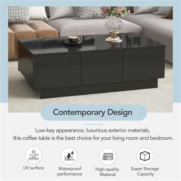 [VIDEO provided] Coffee Table with 2 large Hidden Storage Compartment, Extendable Cocktail Table with 2 Drawers, High-gloss Center Table with Sliding Top for Living Room, 39.3"x21.6", Black