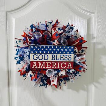 4th of July Independence Day Red White Blue Flower Wreath, Patriotic American Wreath, God Bless America Front Door Wreath , Memorial Day Wreath for Wall Window Party Decor, 1PCS