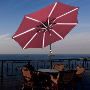 9 FT 8 ribs Outdoor Solar Patio Umbrella LED Table Umbrellas with LED Strip Lights & Hub <b style=\\'color:red\\'>Light</b>