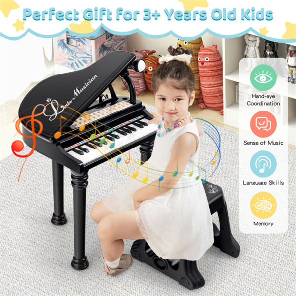 Black Kids Piano 31 Keys Kids Piano Keyboard with Stool and Piano Lid