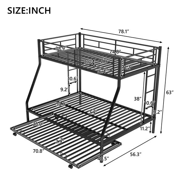 Twin over Full Bed with Sturdy Steel Frame, Bunk Bed with Twin Size Trundle, Two-Side Ladders, Black