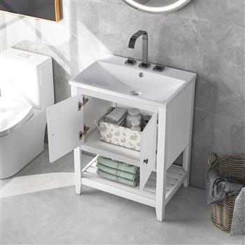 [VIDEO] 24\\" White Modern Sleek Bathroom Vanity Elegant Ceramic Sink with Solid Wood Frame Open Style Shelf