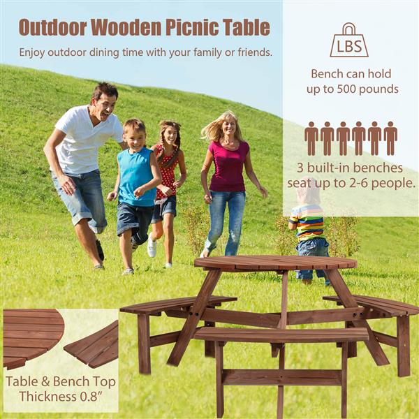 6-Person Circular Outdoor Wooden Picnic Table for Patio, Backyard, Garden, DIY w/ 3 Built-in Benches, 1720lb Capacity - Brown