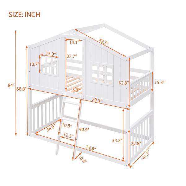 Twin Over Twin House Bunk Bed With Ladder, Wood Bed-White