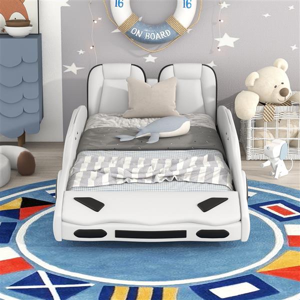 Twin Size Race Car-Shaped Platform Bed with Wheels, White